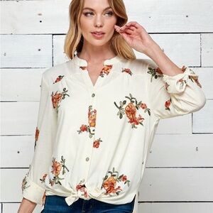 Fig & Flower Long Sleeve Button Up Shirt Size XXL White Floral Embroidered